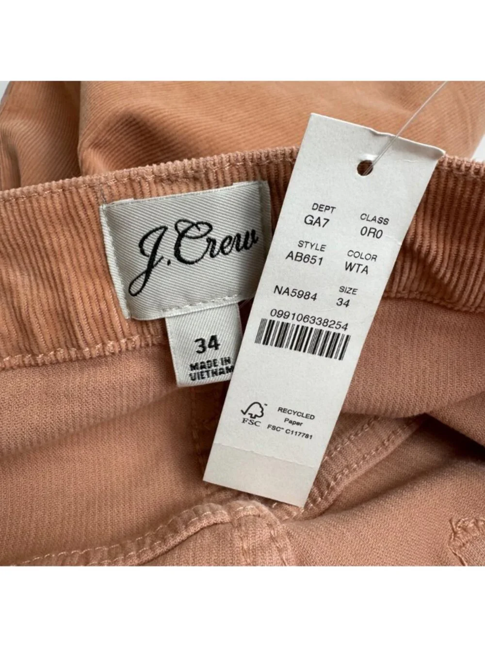 J. Crew NEW Vintage Slim Straight Corduroy Pants Women's Size 34 Pale Rose Pink